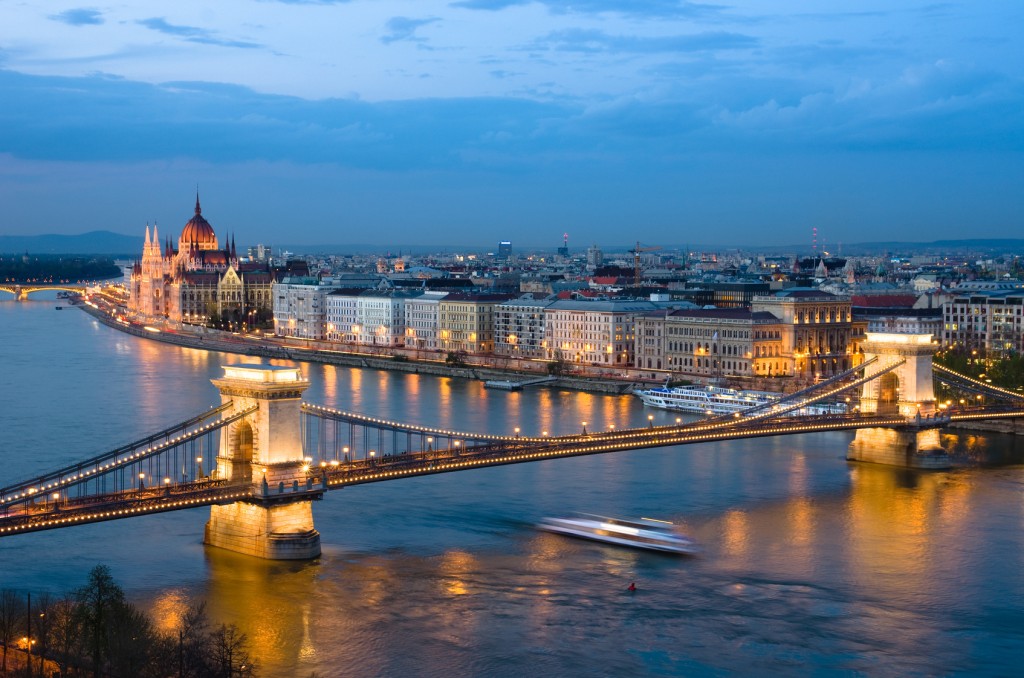 Budapest, night view of Chain Bridge on the Danube river and the city of Pest